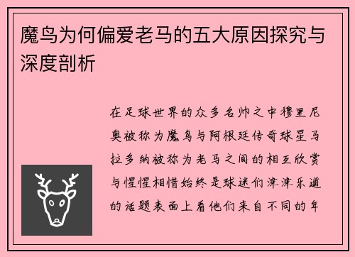 魔鸟为何偏爱老马的五大原因探究与深度剖析 魔鸟为何偏爱老马的五大原因探究与深度剖析